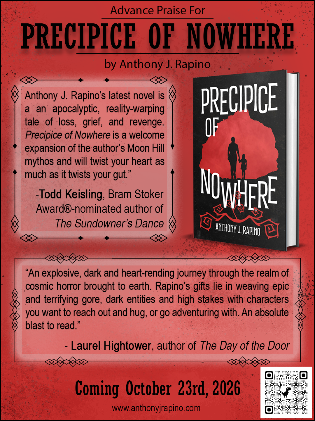 Anthony J. Rapino Precipice of Nowhere Cosmic Horror Novel Advance Praise from Todd Keisling and Laurel Hightower